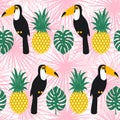 Toucans and pineapples seamless pattern on pink tropical leaves.