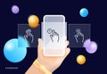 Touch control icon set. Touchscreen device such as a smartphone or tablet. Technology concept. Glassmorphism. UI phone app screens