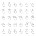 Touch hand gesture vector line icons. Touching finger gestures pictograms with swipe arrows