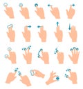 Touch screen gestures. Tablet or smartphone hand gesture swipe, touch, click, zoom. Cartoon touchscreen devices hand
