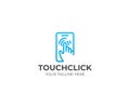 Touch screen logo template. Human hand and mobile phone vector design