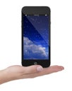 Touch screen mobile phone on hand, white background Royalty Free Stock Photo