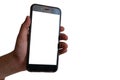 Touch screen smartphone, in hand on white isolated background