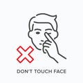Touching face line icon. Vector outline illustration tacking hands away from head. Warning hygiene in pandemic pictorgam