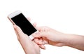 Touching mobile phone with blank copy space for your text message  white background Royalty Free Stock Photo