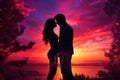 A touching moment of love as a man and woman share a passionate kiss in front of a breathtaking sunset, couple sharing a kiss