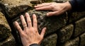 Touching old stone wall texture surface with hands outdoor exploration and connection to nature concept Royalty Free Stock Photo