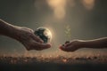 Elderly and young hands holding green globe and plant in a symbolic gesture of caring for Earth Royalty Free Stock Photo