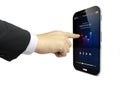 Touching a smartphone with music app on the screen