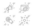 Touchscreen gesture, Seo gear and Megaphone icons set. Minimize sign. Vector Royalty Free Stock Photo