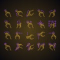 Touchscreen gestures neon light icons set
