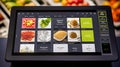 touchscreen interface for a self-service kiosk, featuring an interactive digital menu with various food items, set