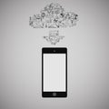 Touchscreen Smart Phone with Cloud of Media Application Icons. Vector Image