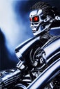 Tough steely android robot with angular features in high contrast light with harsh shadows stares sideways with red glowing eyes,