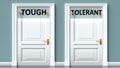 Tough and tolerant as a choice - pictured as words Tough, tolerant on doors to show that Tough and tolerant are opposite options