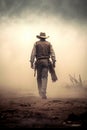 tough young western cowboy man walking in the dust rural landscape.