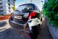 Toulon, France, August 20, 2017: damaged rear bumper repaired with paper tape