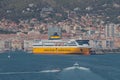 Toulon, France - Jul 01, 2019: Modern sea ferry and city