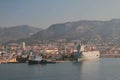 Toulon, France - Jul 01, 2019: Port and city on mountainous sea coast