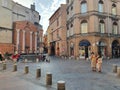 France, Toulouse downtown with its specific architecture, pedestrian walkways surrounded by shops.