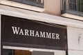 Warhammer text brand and logo sign on facade toys Games Workshop store Fantasy Store