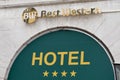 Best Western hotel brand sign and text Logo on wall entrance of us international