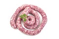 Toulouse sausage Raw `saucisse de toulouse` in ring french meat specialty from Toulouse on white Royalty Free Stock Photo