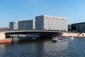 Tour boat against modern office buildings in government district in Berlin Royalty Free Stock Photo