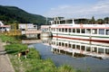 Tour boat and dog on the River Moselle, Germany