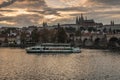 Tour boat turns on the Vltava River in Prague