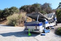 Tour bus, destroyed. On display at Universal Studios Hollywood in Los Angeles