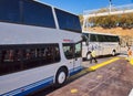 Tour Buses Disembarking Open Deck Vehicle Ferry, Kefalonia, Greece