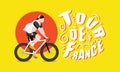 Tour de France men`s multiple stage bicycle race horizontal vector illustration with bike racer on yellow background