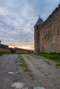 Tour du Plo at sunset, a tower in the CitÃÂ© of Carcassonne, the fortified city of Carcassonne, Aude, Occitanie region, France. Royalty Free Stock Photo