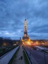 Tour Eiffel illuminated seen from the Trocadero at dusk