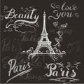 tour Eiffel romantic vector illustration heart frame drawing water color paints and crayons, crayon, paint drops background Royalty Free Stock Photo