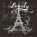 tour Eiffel romantic vector illustration heart frame drawing water color paints and crayons, crayon, paint drops background Royalty Free Stock Photo