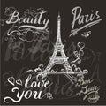 tour Eiffel romantic vector illustration heart frame drawing water color paints and crayons, crayon, paint drops background Royalty Free Stock Photo