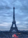 Tour Eiffel seen from the Trocadero at twilight in cloudy weather