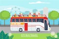 Tour excursion, tourist journey by bus, vector illustration. Flat people in tourism trip, holiday travel in city. Man