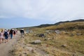 Tour groups on the ruins of Hierapolis. Tourists are shown the ruins of the ancient city