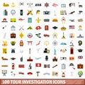 100 tour investigation icons set, flat style Royalty Free Stock Photo