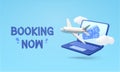 Tour online booking banner template with 3d airplane, couple of flight tickets, laptop, clouds. Vacation and ariel Royalty Free Stock Photo