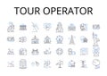 Tour operator line icons collection. Travel agency, Vacation planner, Tour guide, Expedition leader, Adventure organizer