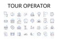 Tour operator line icons collection. Travel agency, Vacation planner, Tour guide, Expedition leader, Adventure organizer