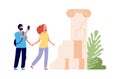 Tour trip. Tourists watch ancient ruins, man take photo. Man woman travellers, cartoon couple together travel vector