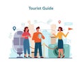 Tour vacation guide concept. Tourists listening to the history of the city