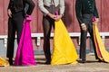 Tourada - bullfighters standing on the arena holding bright tags Royalty Free Stock Photo