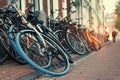 Touring bicycles are parked on the road. Road bikes close up, lifestyle