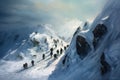 mountain blizzard snow nature group hiking winter adventure sport landscape. Generative AI. Royalty Free Stock Photo